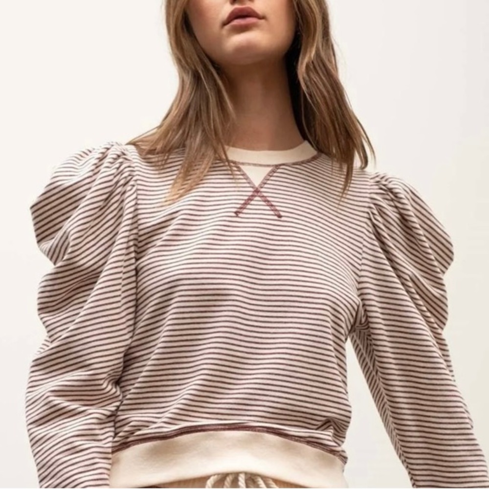 Puff sleeve, cream & grey/brown stripe sweatshirt, Small, Brand: by the river